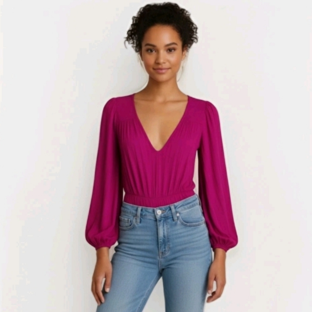 Free People Magenta V-Neck Long Sleeve Top
